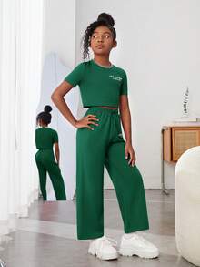SHEIN Tween Girl Slogan Graphic Crop Tee & Drawstring Waist Trousers - Green - View 3