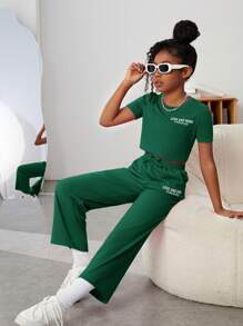 SHEIN Tween Girl Slogan Graphic Crop Tee & Drawstring Waist Trousers - Green - View 4