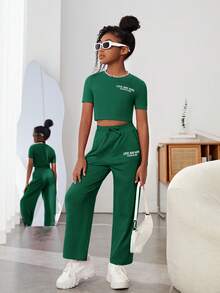 SHEIN Tween Girl Slogan Graphic Crop Tee & Drawstring Waist Trousers - Green - View 5