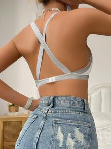 拼接邊露背交叉胸罩 - 白色 - 查看 2