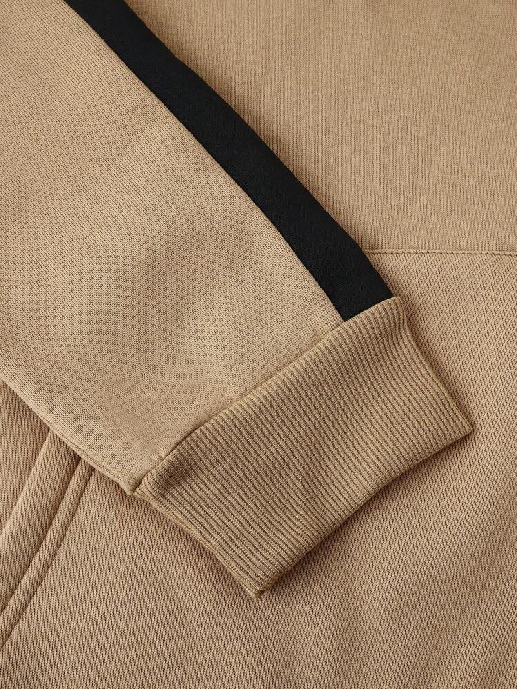 Manfinity Homme 男式字母图案撞色侧缝抽绳连帽衫和运动裤、运动服、都市、色块 - 卡其色 - 查看 7