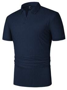 Manfinity CasualCool Men Solid Ribbed Knit Polo Shirt - Navy Blue - View 3