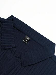 Manfinity CasualCool Men Solid Ribbed Knit Polo Shirt - Navy Blue - View 4