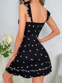 CottageSlumber 花卉印花生菜边荷叶边下摆吊带睡衣睡裙 - 黑色 - 查看 2