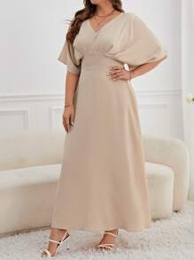 SHEIN Privé 大碼蝙蝠袖連衣裙 - 杏色 - 查看 4