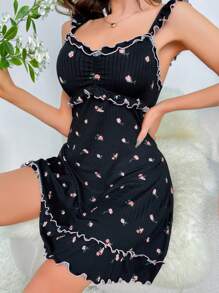 CottageSlumber 花卉印花生菜边荷叶边下摆吊带睡衣睡裙 - 黑色 - 查看 3