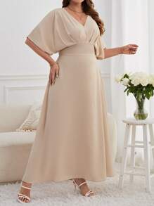 SHEIN Privé 大碼蝙蝠袖連衣裙 - 杏色 - 查看 5