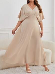 SHEIN Privé 大碼蝙蝠袖連衣裙 - 杏色 - 查看 6