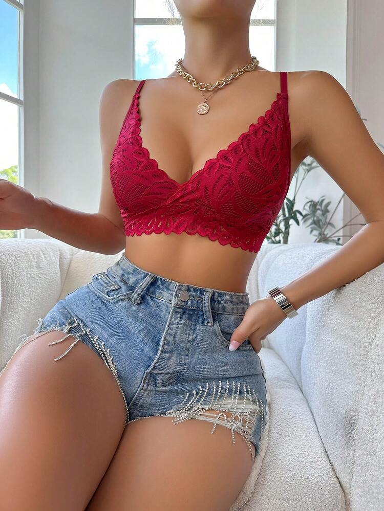 花卉蕾絲無鋼圈內衣 - 酒紅色 - 查看 4