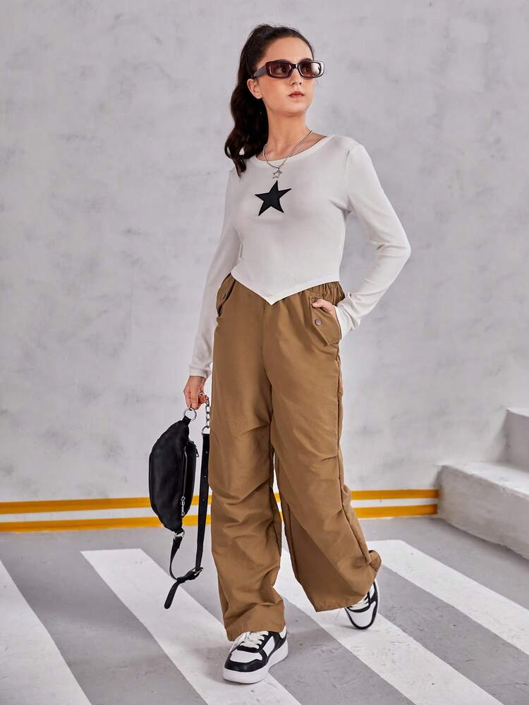 SHEIN Teen Girl Solid Slant Pocket Wide Leg Trousers - Brown - View 3