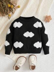SHEIN 寶貝女孩休閒舒適長袖毛衣,適用於秋冬季節 - 黑與白 - 查看 1