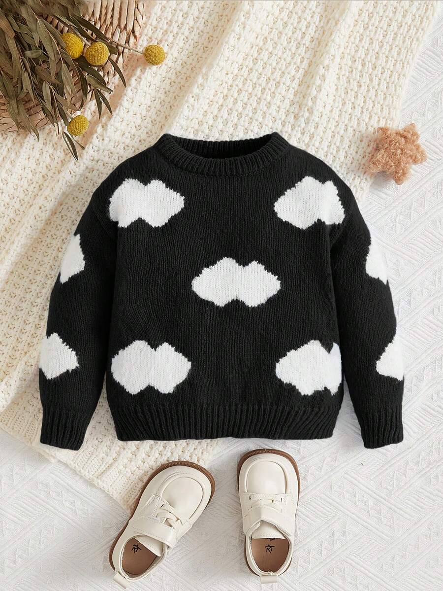 SHEIN 寶貝女孩休閒舒適長袖毛衣,適用於秋冬季節 - 黑與白 - 查看 1