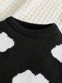 SHEIN 寶貝女孩休閒舒適長袖毛衣,適用於秋冬季節 - 黑與白 - 查看 3