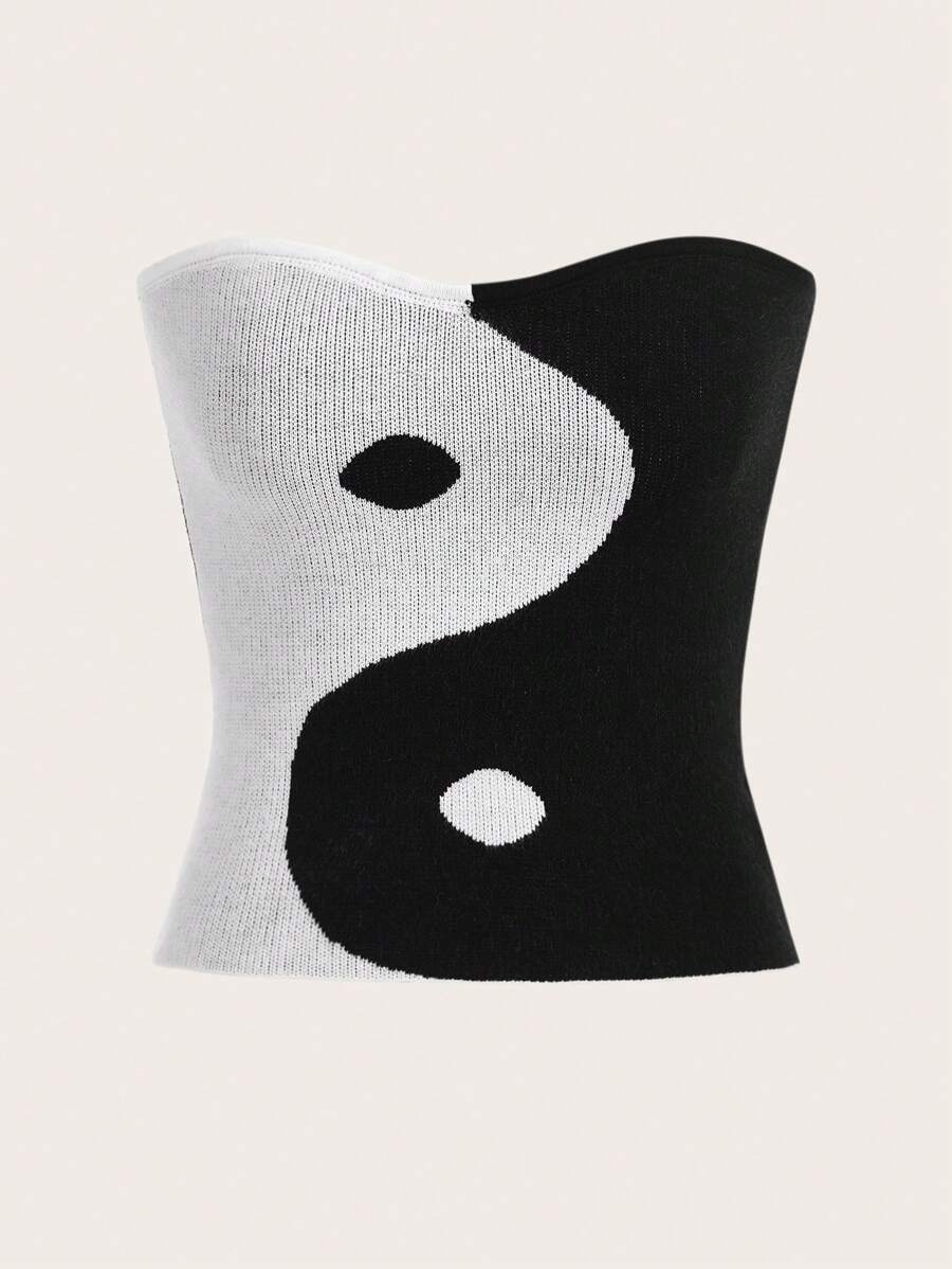 Muchica Yin & Yang Pattern Tube Knit Top - Black and White - View 1