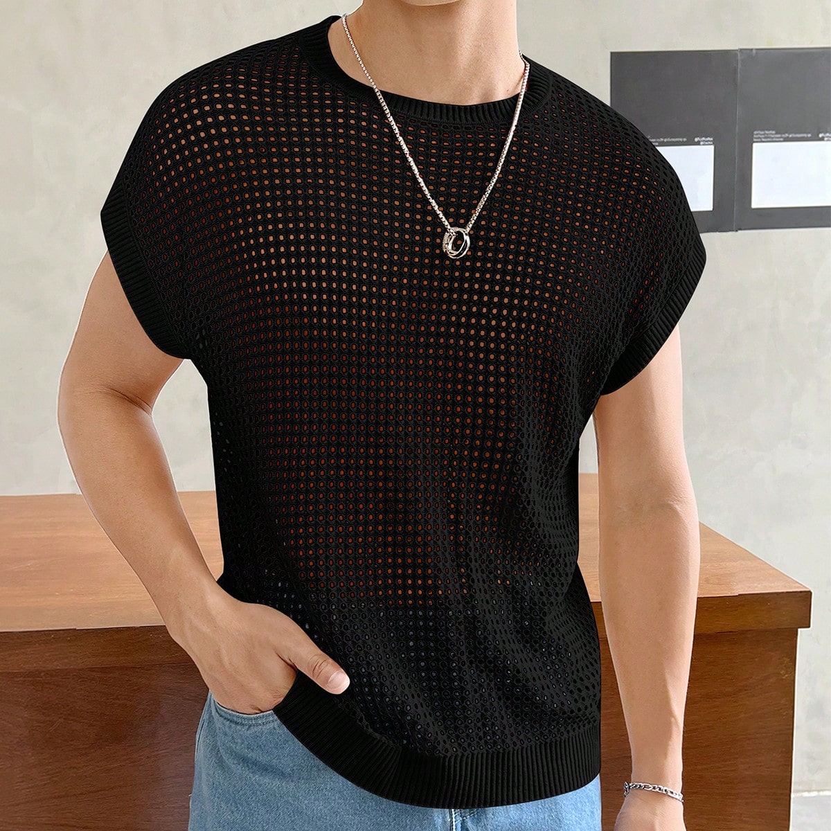 Suéter Suelto Con Manga Murciélago Y Tejido Calado En Punto Sólido De Color Liso Para Hombres