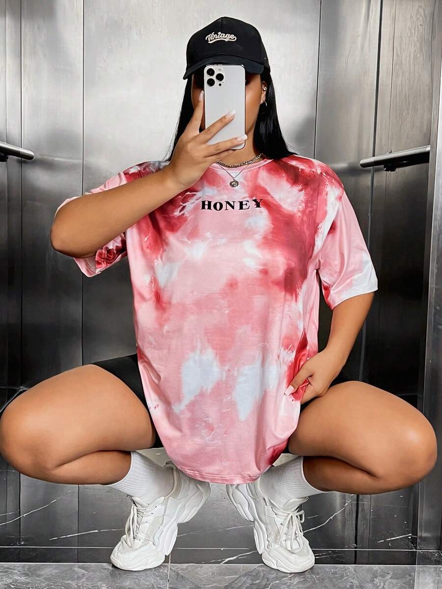 SHEIN EZwear 大碼紮染字母圖案落肩T恤 - 彩色 - 查看 1