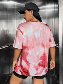 SHEIN EZwear 大碼紮染字母圖案落肩T恤 - 彩色 - 查看 2