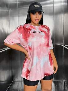 SHEIN EZwear 大碼紮染字母圖案落肩T恤 - 彩色 - 查看 4