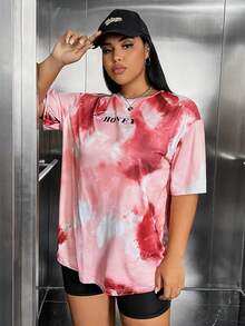 SHEIN EZwear 大碼紮染字母圖案落肩T恤 - 彩色 - 查看 5