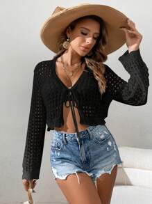 SHEIN VCAY Xu hướng: Cắt giảm Tie Trước Cắt sửa áo lông cừu - màu đen - Xem 1