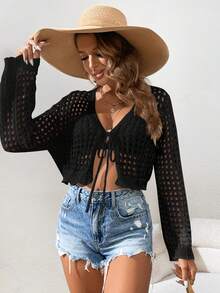 SHEIN VCAY Xu hướng: Cắt giảm Tie Trước Cắt sửa áo lông cừu - màu đen - Xem 3