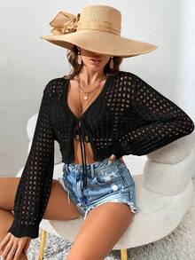 SHEIN VCAY Xu hướng: Cắt giảm Tie Trước Cắt sửa áo lông cừu - màu đen - Xem 5