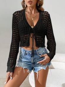 SHEIN VCAY Xu hướng: Cắt giảm Tie Trước Cắt sửa áo lông cừu - màu đen - Xem 6