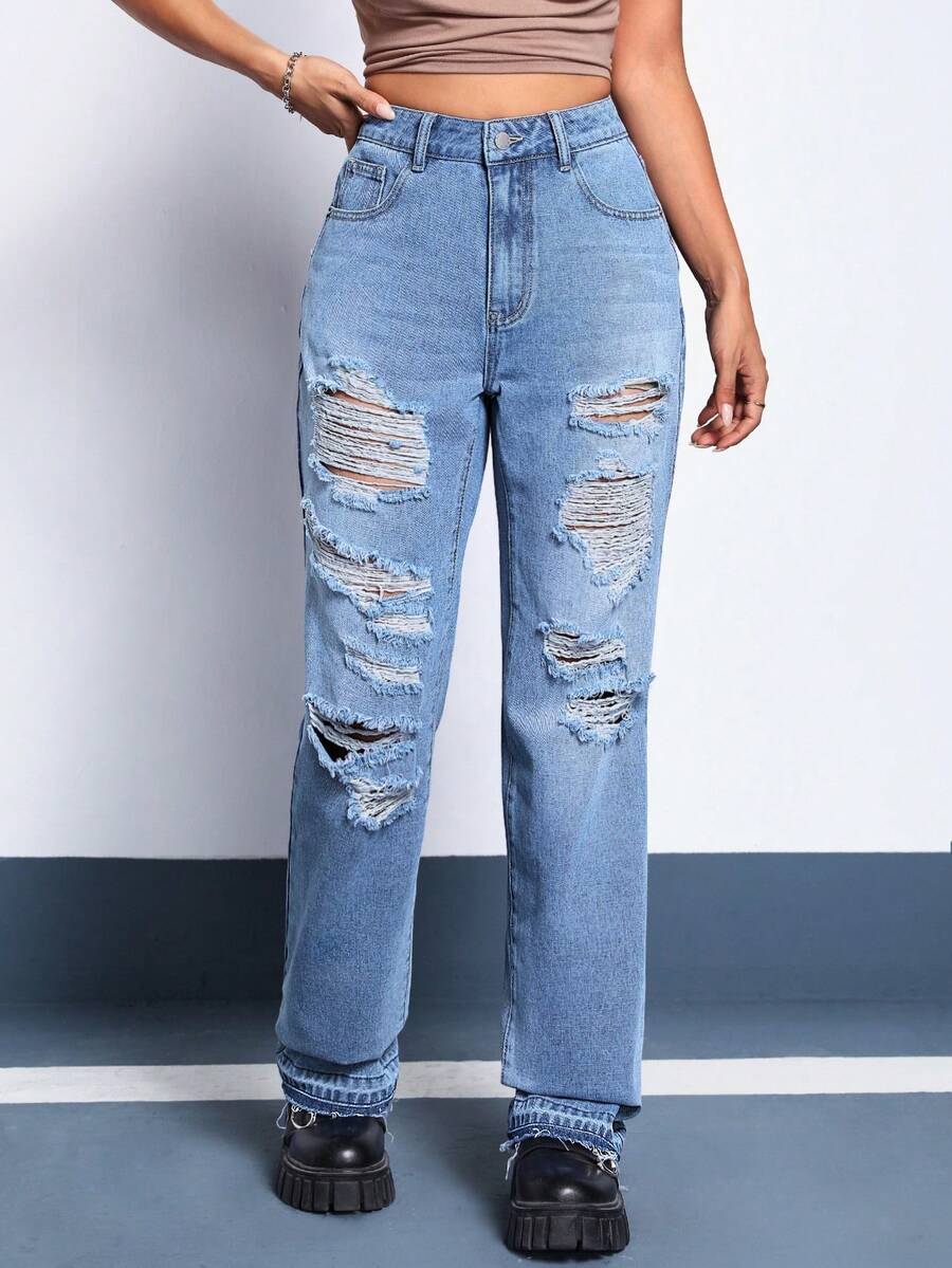 SHEIN EZwear 破洞直筒牛仔褲 - 中等水洗藍 - 查看 1