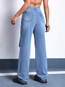 SHEIN EZwear 破洞直筒牛仔褲 - 中等水洗藍 - 查看 2