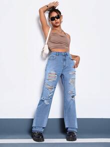 SHEIN EZwear 破洞直筒牛仔褲 - 中等水洗藍 - 查看 3