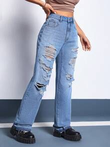 SHEIN EZwear 破洞直筒牛仔褲 - 中等水洗藍 - 查看 5