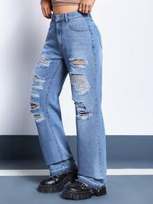 SHEIN EZwear 破洞直筒牛仔褲 - 中等水洗藍 - 查看 6