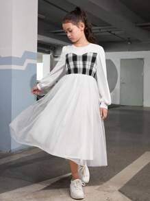 SHEIN 女大童格紋印花燈籠袖假兩件洋裝