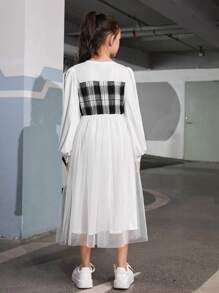 SHEIN 女大童格紋印花燈籠袖假兩件洋裝