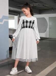 SHEIN 女大童格紋印花燈籠袖假兩件洋裝