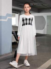 SHEIN 女大童格紋印花燈籠袖假兩件洋裝