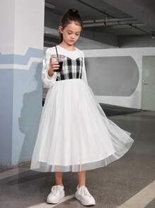 SHEIN 女大童格紋印花燈籠袖假兩件洋裝