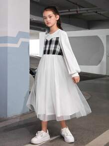 SHEIN 女大童格紋印花燈籠袖假兩件洋裝