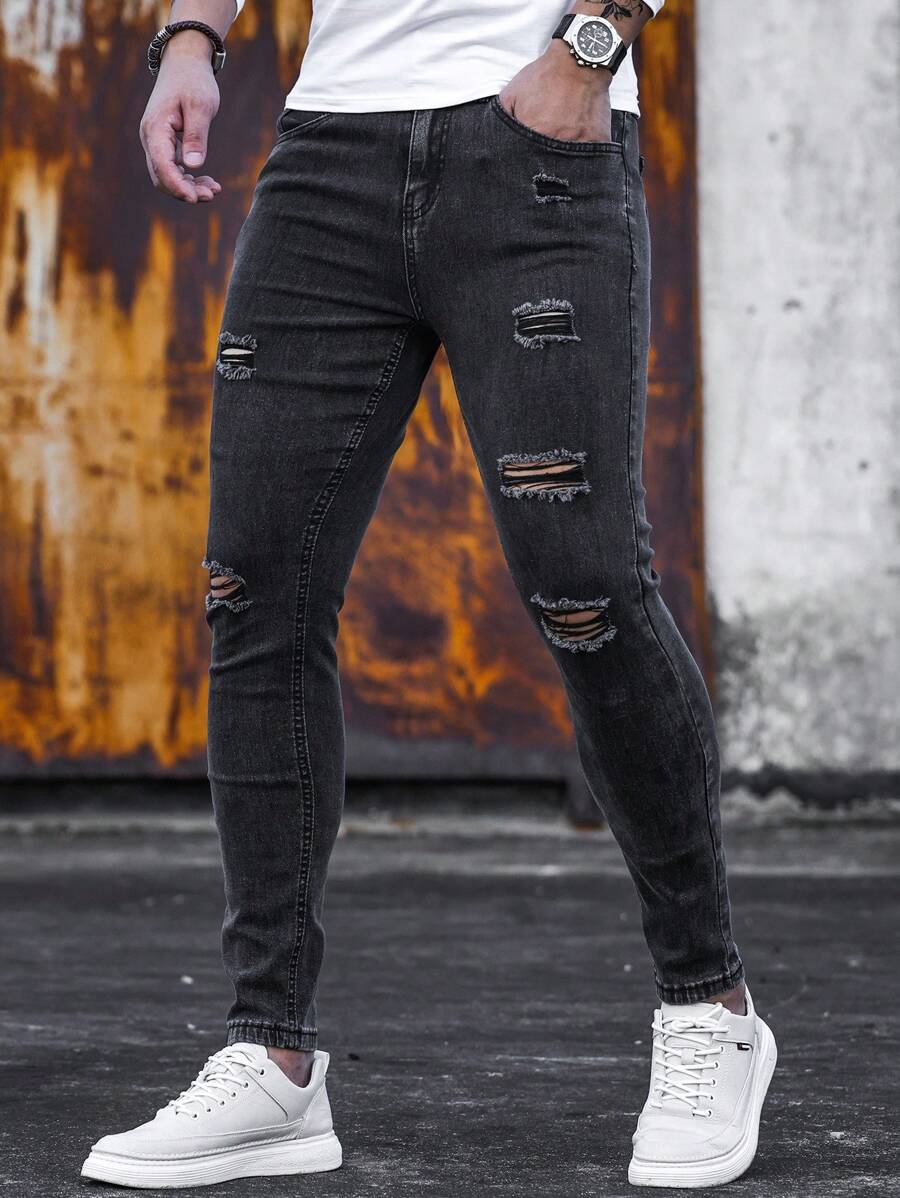 Manfinity Homme Quần Jeans Skinny Nam Rách, Quần Jeans Cargo Đen Trơn Dài Ôm Vừa Vặn, Dành Cho Chồng, Quà Tặng Bạn Trai - màu đen - Xem 1