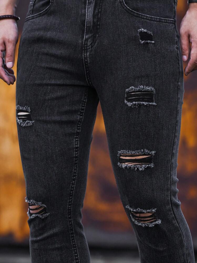 Manfinity Homme Quần Jeans Skinny Nam Rách, Quần Jeans Cargo Đen Trơn Dài Ôm Vừa Vặn, Dành Cho Chồng, Quà Tặng Bạn Trai - màu đen - Xem 3