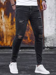 Manfinity Homme Quần Jeans Skinny Nam Rách, Quần Jeans Cargo Đen Trơn Dài Ôm Vừa Vặn, Dành Cho Chồng, Quà Tặng Bạn Trai - màu đen - Xem 5