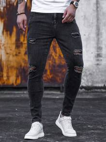 Manfinity Homme Quần Jeans Skinny Nam Rách, Quần Jeans Cargo Đen Trơn Dài Ôm Vừa Vặn, Dành Cho Chồng, Quà Tặng Bạn Trai - màu đen - Xem 6