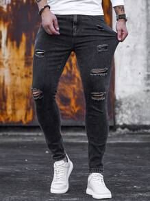 Manfinity Homme Quần Jeans Skinny Nam Rách, Quần Jeans Cargo Đen Trơn Dài Ôm Vừa Vặn, Dành Cho Chồng, Quà Tặng Bạn Trai - màu đen - Xem 8