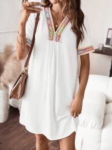 SHEIN LUNE Băng tương phản Cổ v Đầm Tunic - trắng - Xem 2