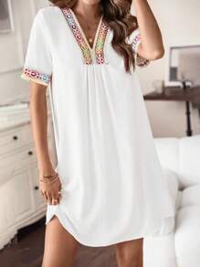 SHEIN LUNE Băng tương phản Cổ v Đầm Tunic - trắng - Xem 1