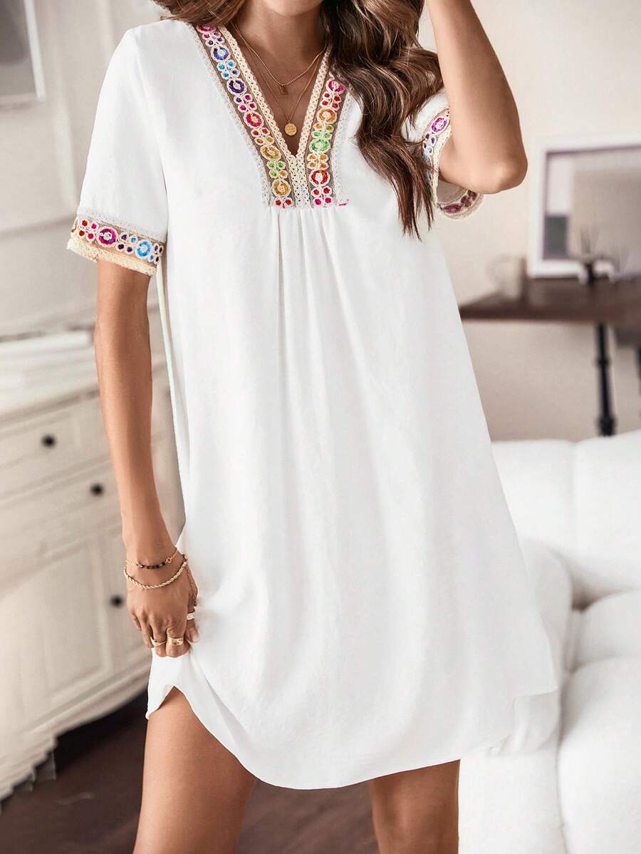 SHEIN LUNE Băng tương phản Cổ v Đầm Tunic - trắng - Xem 1