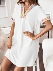 SHEIN LUNE Băng tương phản Cổ v Đầm Tunic - trắng - Xem 4
