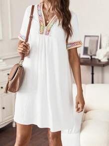 SHEIN LUNE Băng tương phản Cổ v Đầm Tunic - trắng - Xem 5