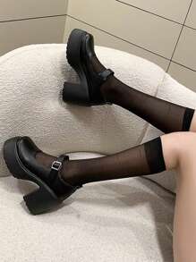 女士时尚春秋季休闲坡跟厚底鞋，玛丽珍鞋 - 黑色 - 查看 1