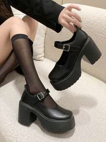 女士时尚春秋季休闲坡跟厚底鞋，玛丽珍鞋 - 黑色 - 查看 5